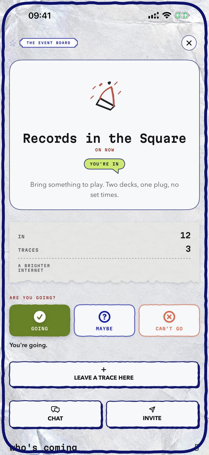 An event board in GoBe, Records in the Square, with Going, Maybe and Can't go