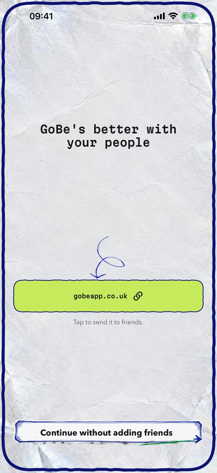 GoBe's invite page, with a personal link to share with friends