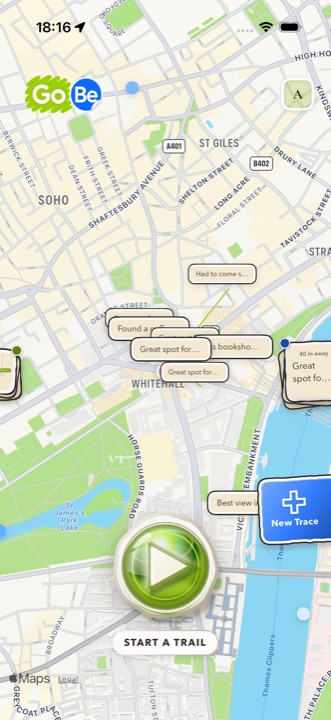 The GoBe map of central London covered in traces left by people nearby