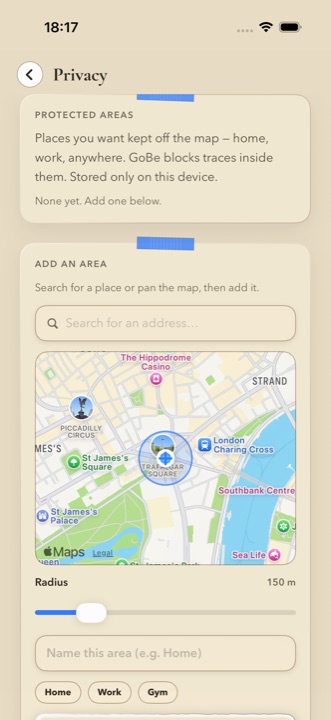 GoBe's privacy screen for setting protected areas that are kept off the map