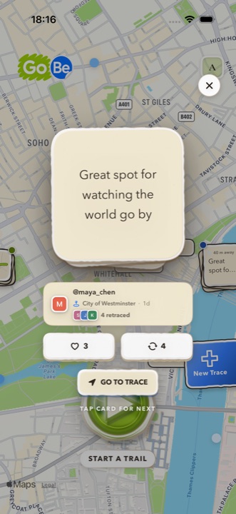 A GoBe trace card reading "Great spot for watching the world go by"