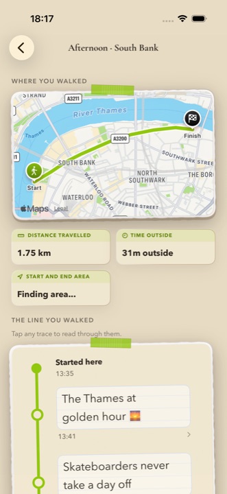 A finished GoBe trail along the South Bank with distance, time outside and a timeline of traces