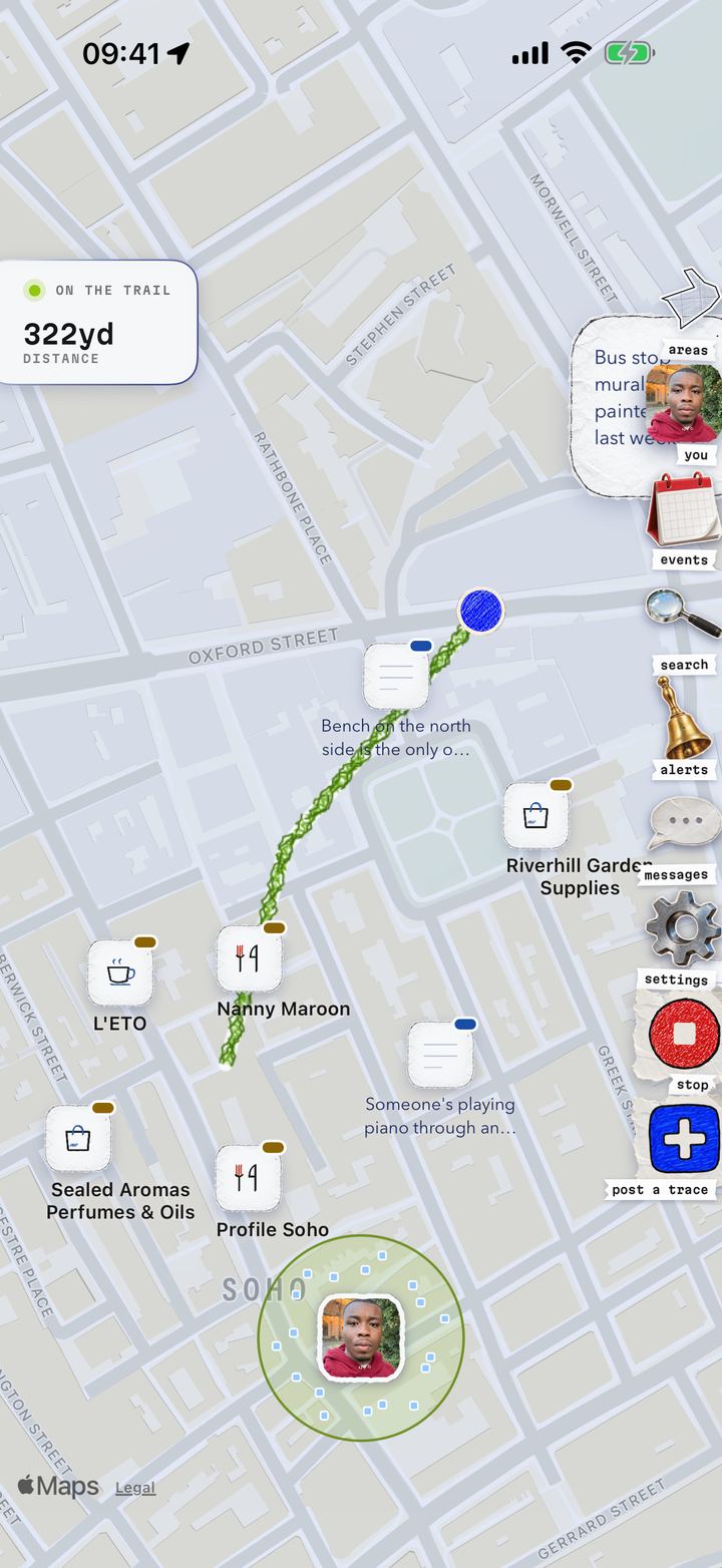 A GoBe trail being recorded through Soho, the walked route drawn in green